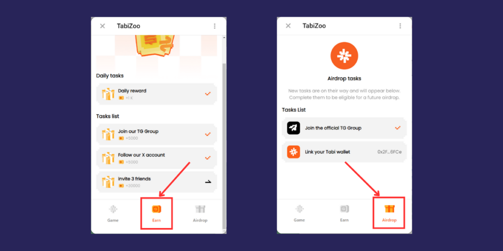 Hoàn thành nhiệm vụ ở mục Earn và Airdrop để kiếm thêm TabiZoo Point